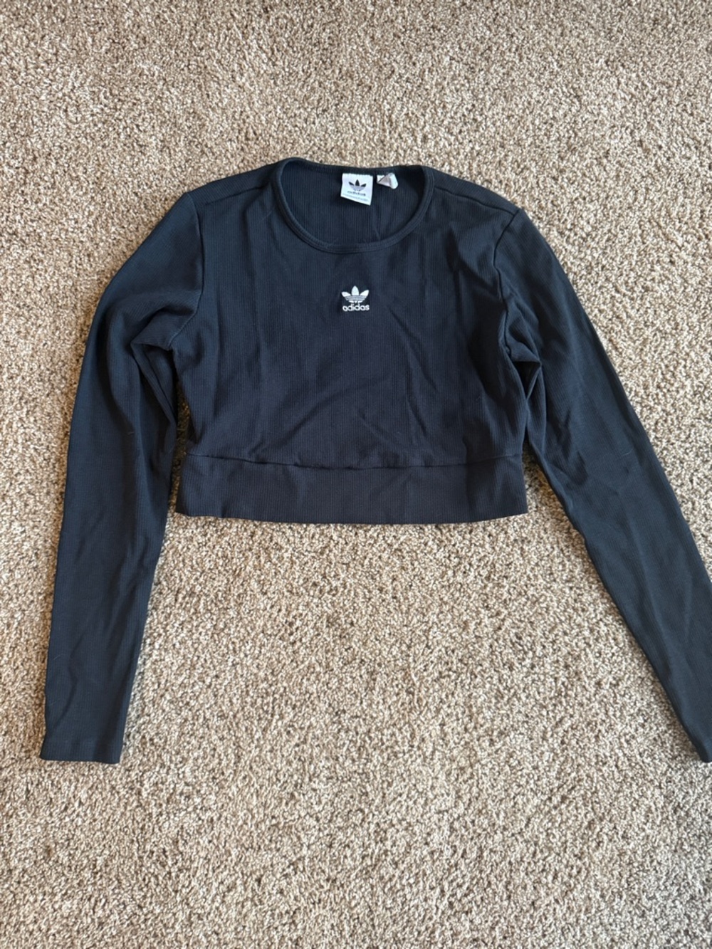 adidas Black Cropped Long-Sleeve Ribbed Tee with Trefoil